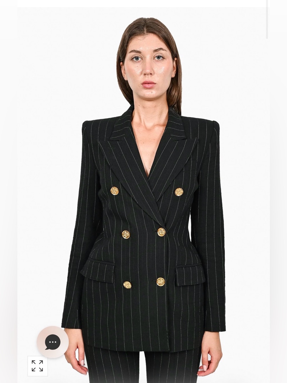 Smythe Black Pinstripe Double-Breasted Blazer with Gold Buttons